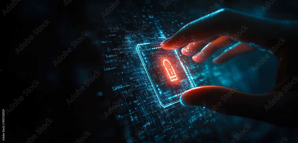 Poster cyber security hand using virtual interface for data protection and identity verification