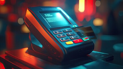 Obraz premium Close-up of a payment terminal with a card being processed. The vibrant red and blue lighting creates a dynamic atmosphere.