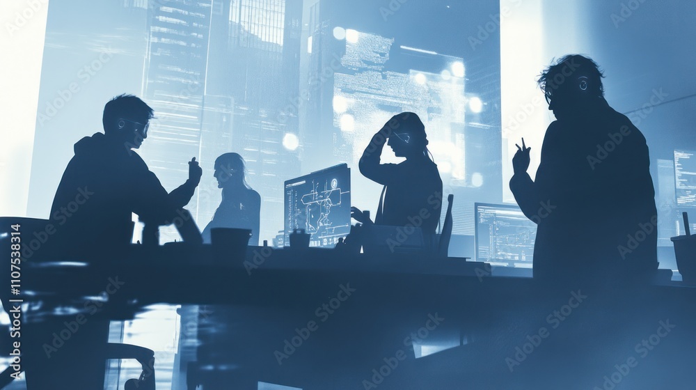 Poster Silhouetted figures engaged in a tech environment, focused on screens and collaboration.