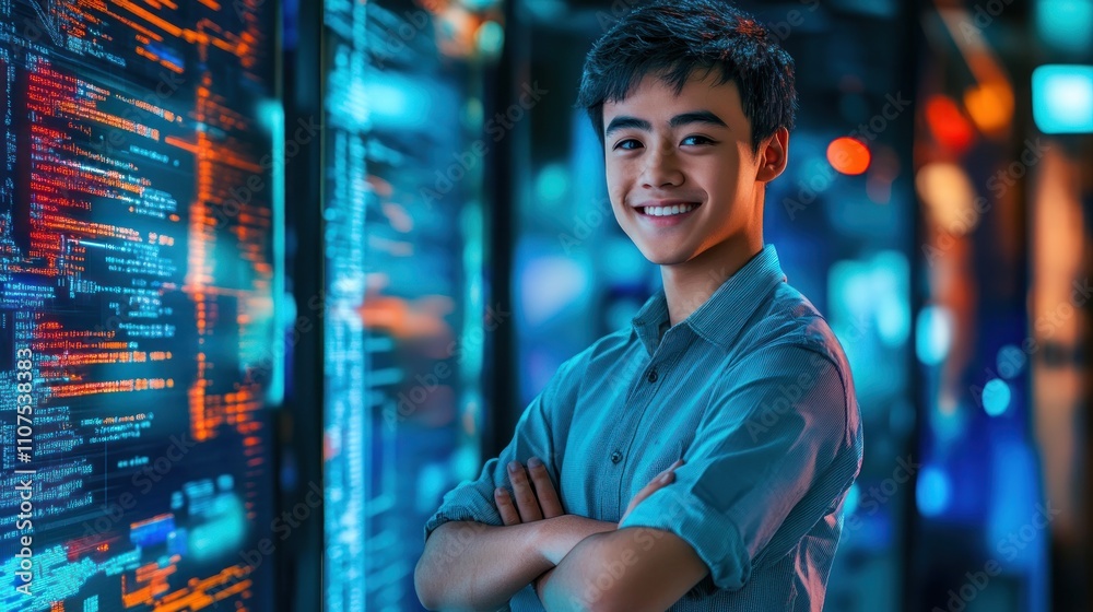 Aufkleber A young man smiles confidently in a tech environment with digital code in the background.