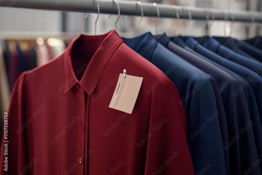 Poster A display of neatly hung shirts in various colors with a price tag attached.