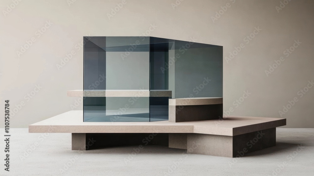 Poster a modern architectural model featuring glass and concrete elements in a minimalist design.
