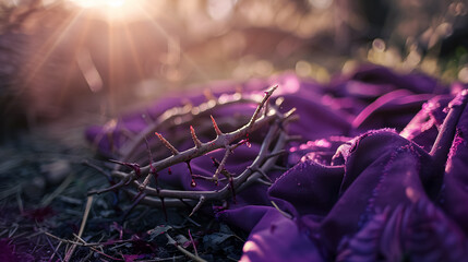 Passion and crucifixion of Jesus, featuring crown of thorns, bloody nails, and a purple robe on the ground with sunlight and selective focus, rendered in 4K.