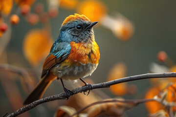 Naklejka premium a small bird with bright multi-colored plumage sitting on a branch. Its feathers shimmer in shades of blue, orange and yellow. 