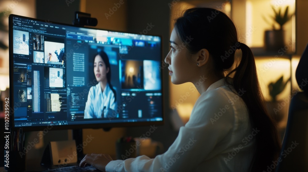 Poster a focused woman is sitting at a sleek desk in a contemporary office, interacting with multiple scree