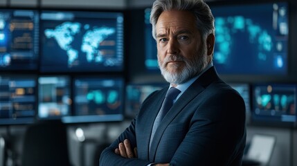 A serious man in a suit stands confidently in front of digital screens displaying data.