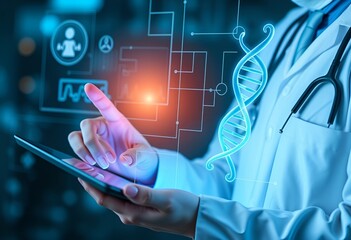 Medicine and Tech Integration: Doctor Touching Virtual Screen for Digital Medical Records and DNA Analysis.
