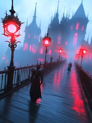 Gothic castle at night, figures walking on a bridge in fog, red lights.