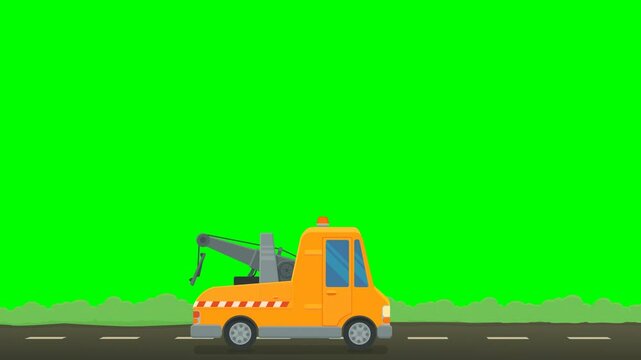 Animation loop of an orange tow truck with its crane rolling for a repair on a road with bushes on a green screen, white background and alpha channel (flat design)