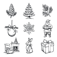 Vintage Christmas Illustration Set, Retro Christmas, Winter holiday hand drawn style icons