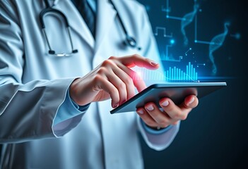 Medicine Doctor Using Tablet to Access Electronic Medical Records with Futuristic Hologram Interface in Digital Healthcare