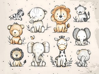 Adorable cartoon safari animals lion, elephant, zebra, giraffe, bear. Perfect for kids' room decor, cards, or prints.