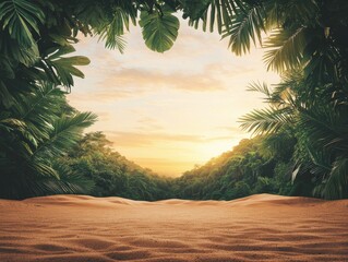 A serene view of a sandy beach framed by lush green foliage and a warm golden sunset in the background.