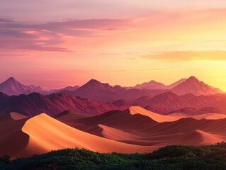 A stunning sunset over desert dunes and mountains, showcasing vibrant colors that blend beautifully across the horizon.