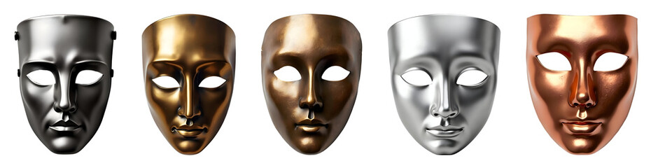 Collection of various metal masks isolated on transparent background.