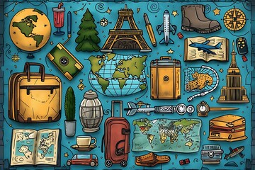 Colorful illustration of travel icons including landmarks, transportation, and luggage.