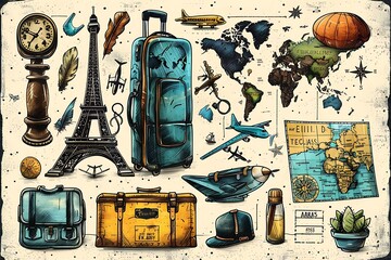 Vintage travel illustration with suitcase, Eiffel Tower, airplanes, maps, and other travel items.