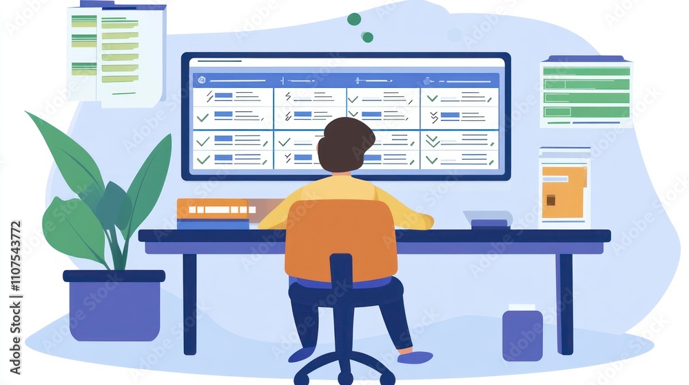 Poster A person working at a desk with a large screen displaying task management tools.