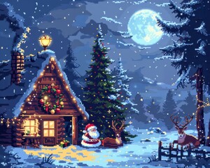 Christmas Cabin in the Snow: A pixel art illustration of Santa Claus and his reindeer by a cozy cabin, bathed in the soft glow of Christmas lights under a full moon. Perfect for holiday cards.