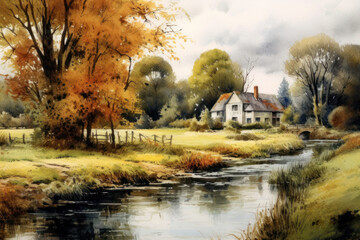 picturesque autumn landscape with a house on the river bank. In the center of the scene is a cozy farmhouse surrounded by trees with yellow and orange leaves.  
