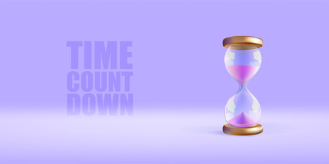 Fototapeta premium Glass clock for time countdown. Hourglass banner template. Pink sand in running sandglass. 3d watch timer vector render. Abstract realistic golden stopwatch. Hour budget concept on purple background.