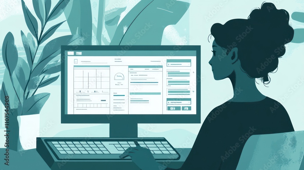 Poster A person working at a computer with data and forms displayed on the screen.