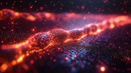 Obraz premium Abstract glowing strands create a mesmerizing visual experience in a digital landscape at night. Generative AI