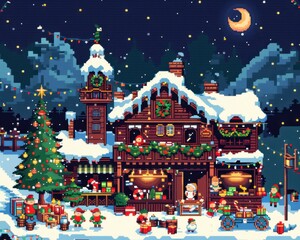 Fototapeta premium Pixelated Christmas Village Night Scene 