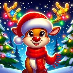 Fototapeta premium Joyful reindeer wearing Santa hat and scarf stands in a winter wonderland with colorful lights snow