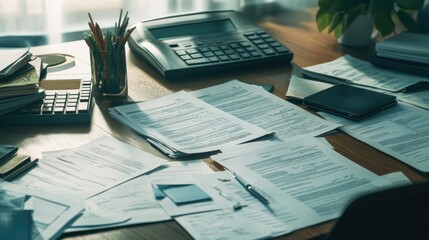 A messy desk with paperwork, a calculator, and a telephone, suggesting a busy workday.  The scene is bathed in soft, natural light.
