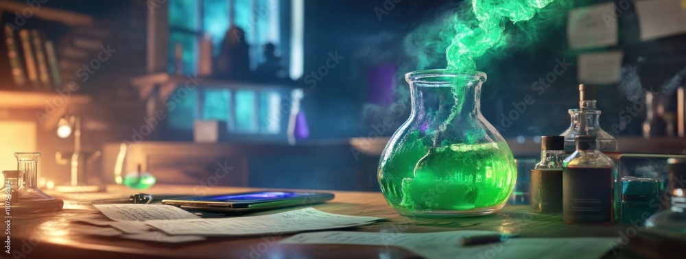 Poster a laboratory scene featuring a glowing green potion in a flask, surrounded by scientific tools.