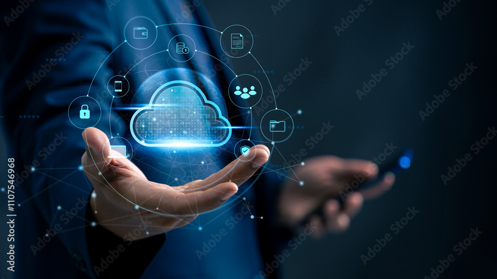 Leinwandbilder Advanced Cloud Computing and Data Solutions. Businessman Holding Digital Cloud Interface Connectivity, Secure Storage, and Virtual Platforms for Scalable and Innovative Digital Business Systems