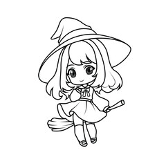 Adorable chibi witch girl with big eyes. Perfect black-and-white outline for coloring pages.