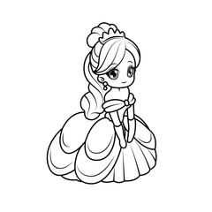 Adorable chibi princess with big eyes. Perfect black-and-white outline for coloring pages. Belle
