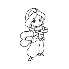 Adorable chibi Jasmine princess with big eyes. Perfect black-and-white outline for coloring pages.