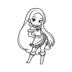 Adorable chibi girl with big eyes. Perfect black-and-white outline for coloring pages.