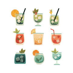 Collection of nine colorful cocktail illustrations in a variety of glasses, garnished with fruits, leaves, and straws. Perfect for beverage branding, menu designs, or summer party invitations. 