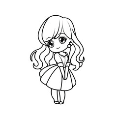 Adorable chibi girl with big eyes. Perfect black-and-white outline for coloring pages. Belle