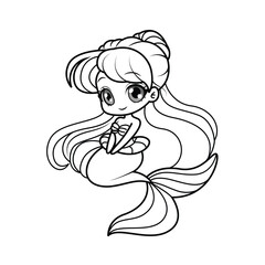 Adorable chibi mermaid with big eyes. Perfect black-and-white outline for coloring pages.