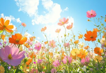 Fototapeta premium Vibrant Field of Colorful Wildflowers Against a Bright Blue Sky with Fluffy White Clouds Illuminated by the Warm Sunshine in a Picturesque Spring Landscape