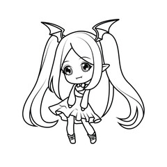 Adorable chibi vampire girl with big eyes. Perfect black-and-white outline for coloring pages.