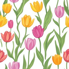 Obraz premium Floral pattern with vibrant tulips and leaves in bright colors on a white background captures the essence of springtime