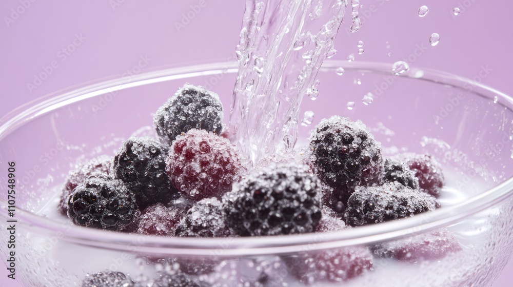 Poster Bubbles of water cascading over mixed berries in a clear bowl.