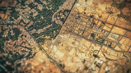Aerial view of a city landscape, showcasing a contrast between established neighborhoods and newer developments.  The image displays a blend of earthy tones and textures.