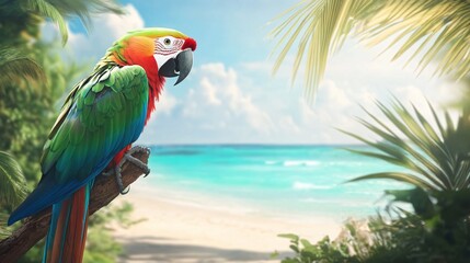 Vibrant Macaw Perched on Branch Overlooking Tropical Beach Paradise