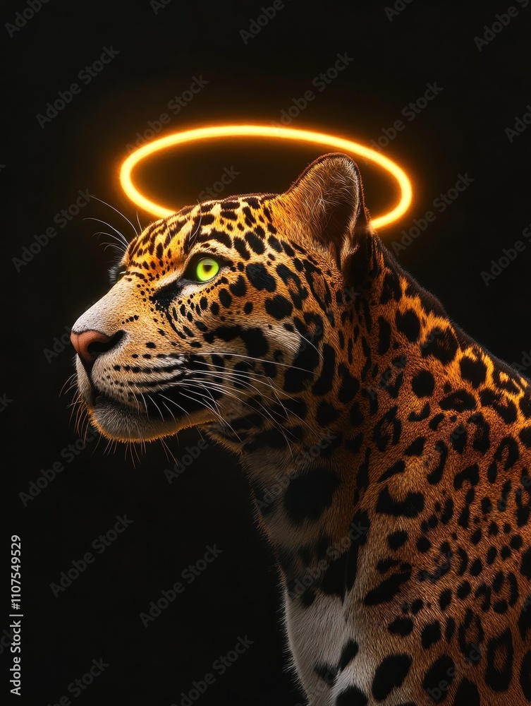 Poster a leopard with a glowing halo, symbolizing a divine or ethereal presence.