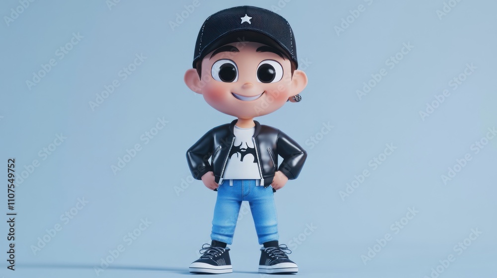 Poster A cheerful animated character in casual attire, posing confidently against a light background.