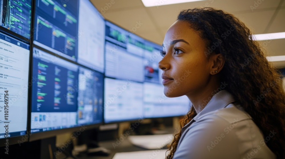 Aufkleber A woman focuses intently on several computer screens displaying data and analytics in a modern office. She appears engaged in her work, showcasing her skills in technology and analysis.