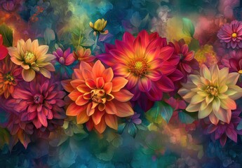 Vibrant Floral Arrangement with Colorful Flowers Against an Abstract Background Showcasing Nature's Beauty and Artistic Expression in Full Bloom