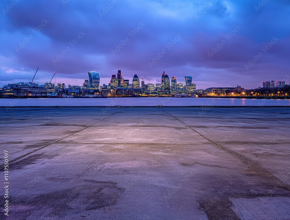 Poster a serene waterfront view of a city skyline at dusk, highlighting urban architecture and tranquility.